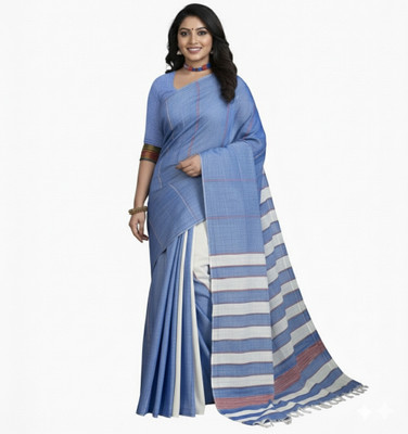 ShivMaya Applique Handloom Pure Cotton Saree(Light Blue, White)