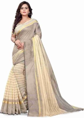 Silkbazar Striped Assam Silk Cotton Linen Saree(Cream)