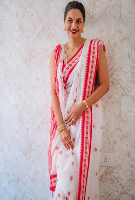 AMITA BUTIQUE Woven Handloom Cotton Blend Saree(White)