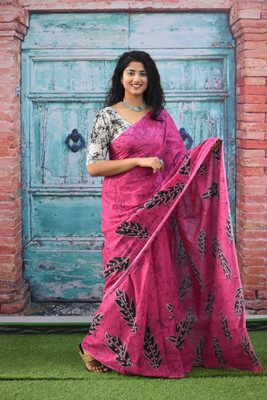 Kiaaron Printed Hand Batik Pure Cotton Saree(Pink)