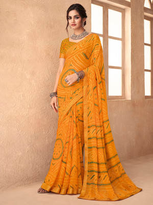Tasrika Embellished Bandhani Chiffon Saree(Yellow)