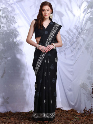 Anouk Rustic Printed Daily Wear Silk Blend Saree(Black)