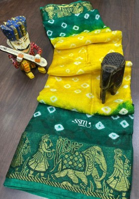 S M PATEL CO Printed Bandhani Art Silk Saree(Yellow, Green)