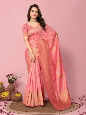 bal krishna Applique Banarasi Cotton Silk Saree(Pink)