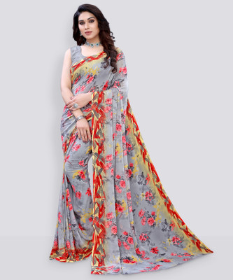 Samah Printed Daily Wear Chiffon, Georgette Saree(Grey)