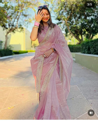 ShivGori Embroidered Bollywood Tissue, Silk Blend Saree(Pink)