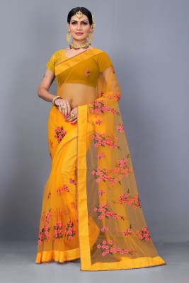 PATLANI STYLE Embroidered Bollywood Net Saree(Yellow)