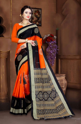 ETHNIC SAREES Bharat Printed Sambalpuri Pure Cotton Saree(Orange)