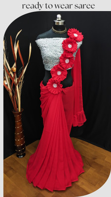LDCN Solid/Plain Bollywood Georgette Saree(Red)