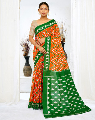 SIRIL Printed Daily Wear Cotton Blend Saree(Green, White, Orange)