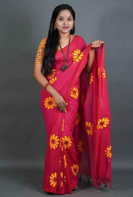 ADDRIKA SAREE GHOR Self Design Tant Pure Cotton Saree(Yellow, Pink)