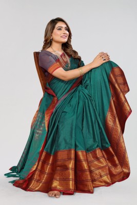 VJ FASHION Woven Narayanpet Cotton Silk Saree(Dark Green)