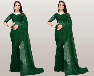 Vragi Self Design Bollywood Net Saree(Pack of 2, White)