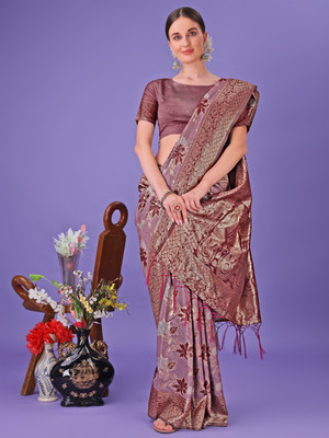 Tasrika Woven Kanjivaram Cotton Silk Saree(Brown)