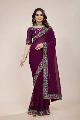 Tejal Creation Solid/Plain, Embroidered Bollywood Georgette Saree(Purple)