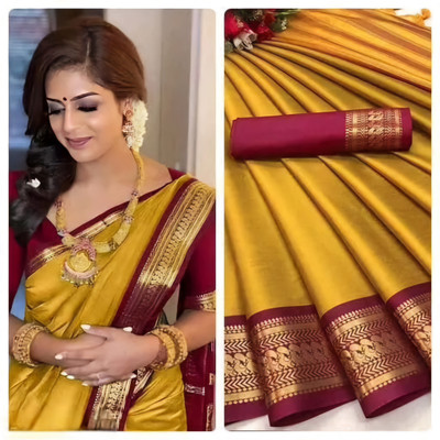 Mortal Textile Woven Handloom Cotton Silk Saree(Mustard)