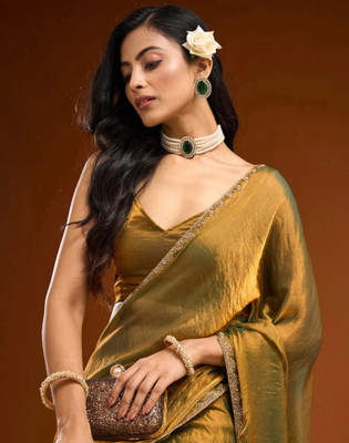 Satrani Solid/Plain Bollywood Chiffon, Lace Saree(Gold)