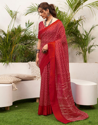 Samah Geometric Print, Striped Daily Wear Cotton Blend Saree(Red, White)