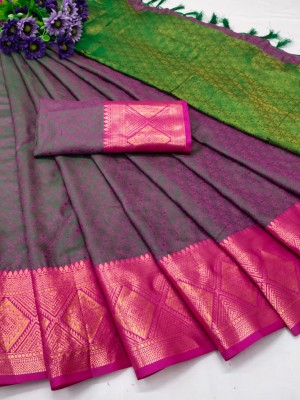 VRINDITA FASHION Self Design, Color Block, Ombre, Woven Dharmavaram Pure Silk, Cotton Silk Saree(Dark Green)