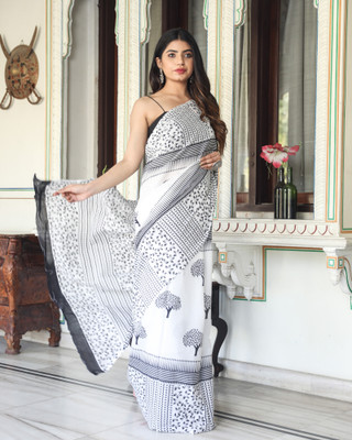 Kiaaron Printed Daily Wear Pure Cotton Saree(White)