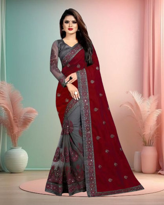 JAYAMENTERPRISE Embroidered, Floral Print Bollywood Net, Lycra Saree(Maroon)