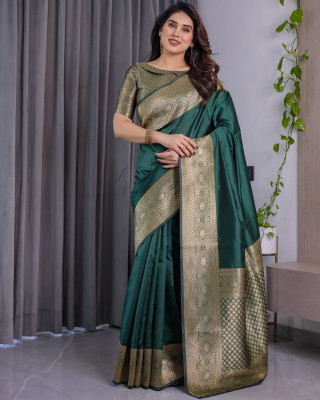 KB TEX Woven, Geometric Print Banarasi Pure Silk Saree(Dark Green)
