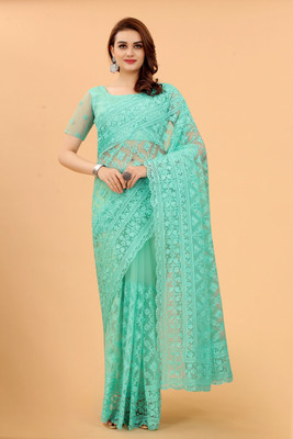 Noise Embroidered Bollywood Net Saree(Light Blue)
