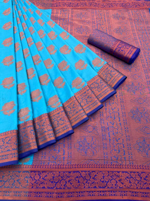 JbWorld Woven, Embellished, Self Design Banarasi Cotton Silk, Pure Silk Saree(Light Blue, Blue)