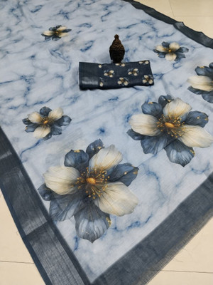 Gajal Printed Kanjivaram Pure Cotton, Cotton Linen Saree(Blue)