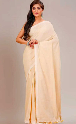 Pal Saree Senter Solid/Plain Bollywood Khadi, Pure Cotton Saree(Gold, White)