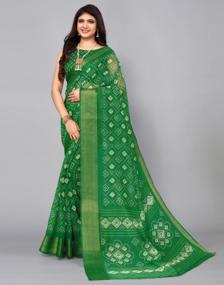 Divastri Geometric Print, Printed, Self Design Bandhani Cotton Blend Saree(Green, Cream)