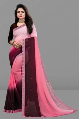 SNIXTY Color Block Bollywood Georgette Saree(Pink)