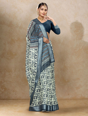 Gajal Printed, Woven Kanjivaram Pure Cotton, Cotton Linen Saree(Cream, Dark Blue)
