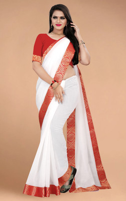 Volmina Solid/Plain, Woven Chanderi Cotton Blend Saree(White)