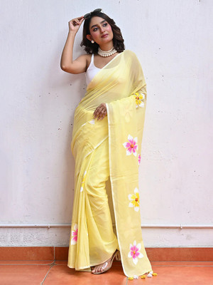 AMRUTKALA SAREES Printed Bollywood Cotton Linen Saree(Yellow)