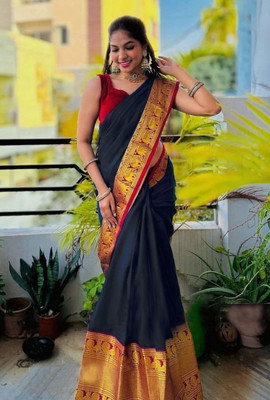 BilloRani Printed Narayanpet Art Silk, Cotton Silk Saree(Black)