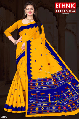 ETHNIC ODISHA HANDLOOM Printed Sambalpuri Pure Cotton Saree(Yellow)