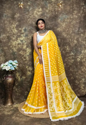 DRAPERIA Woven Jamdani Cotton Silk Saree(Yellow)