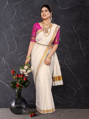 Saran Printed Kasavu Pure Cotton Saree(Multicolor)