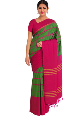 NPFASHION Checkered, Woven Arani Pattu Cotton Silk Saree(Green)