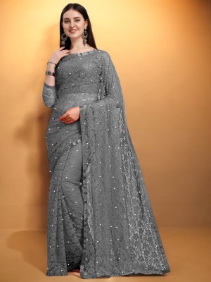 Prisha Fashion Embroidered Daily Wear Net Saree(Grey)