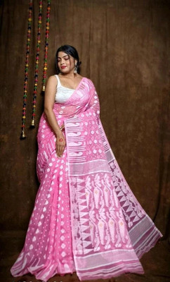 Happy Creation Woven Jamdani Handloom Cotton Blend Saree(Multicolor)