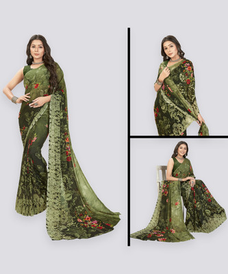 Anand Sarees Floral Print Daily Wear Georgette Saree(Green)