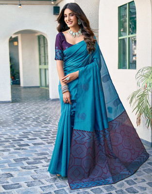 Anmi Woven, Embellished Banarasi Jacquard, Silk Blend Saree(Blue, Purple)
