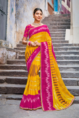Laxmipati sarees Printed Bollywood Chiffon Saree(Yellow)