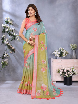 Vintro Floral Print Bollywood Linen Saree(Multicolor)