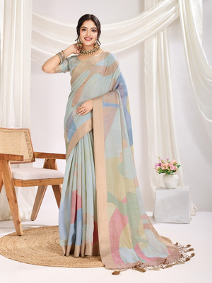 RekhaManiyar Printed Saree with Attached Blouse Cotton Silk Saree(Light Blue)