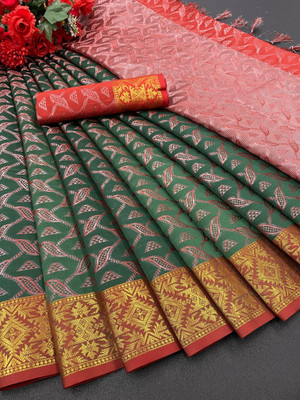 Miswa Woven Banarasi Jacquard, Cotton Silk Saree(Dark Green)