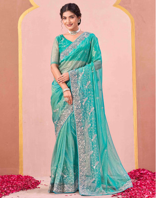 Satrani Embroidered, Embellished Bollywood Net Saree(Green)