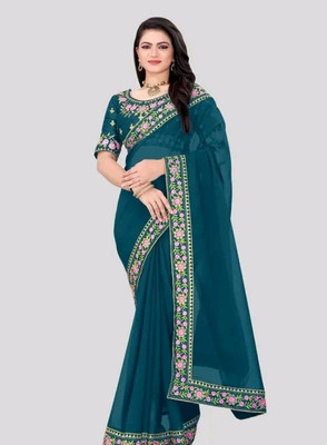 EthnicAura Embroidered Bollywood Georgette Saree(Light Green)